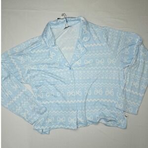 Sincerely Jules Women Pajama Set Blue XL Fair Isle Bow Long Sleeve Top Pants NWT